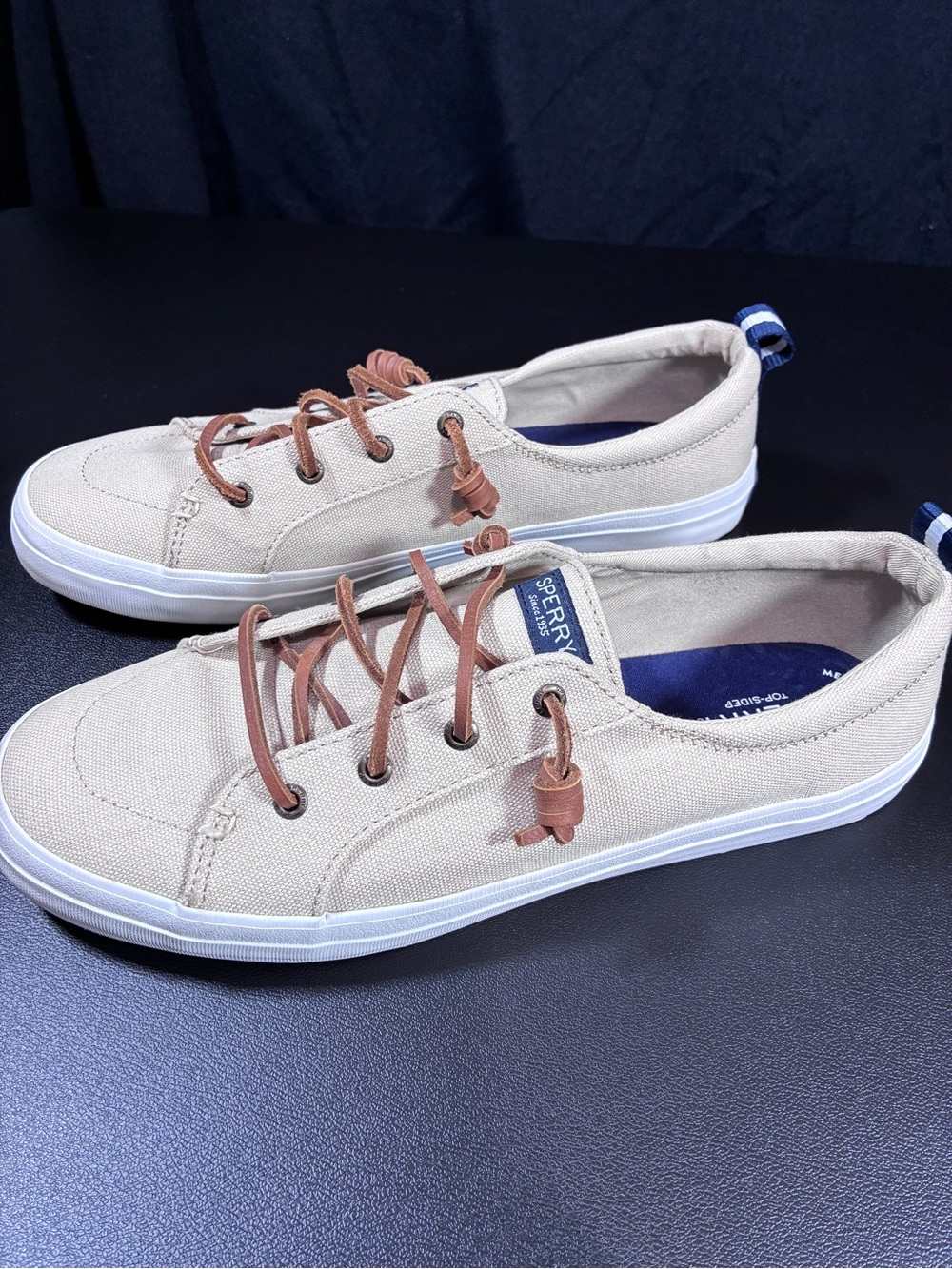 Sperry Beige Canvas Boat Shoes with Brown Leather Laces - Picture 4 of 12